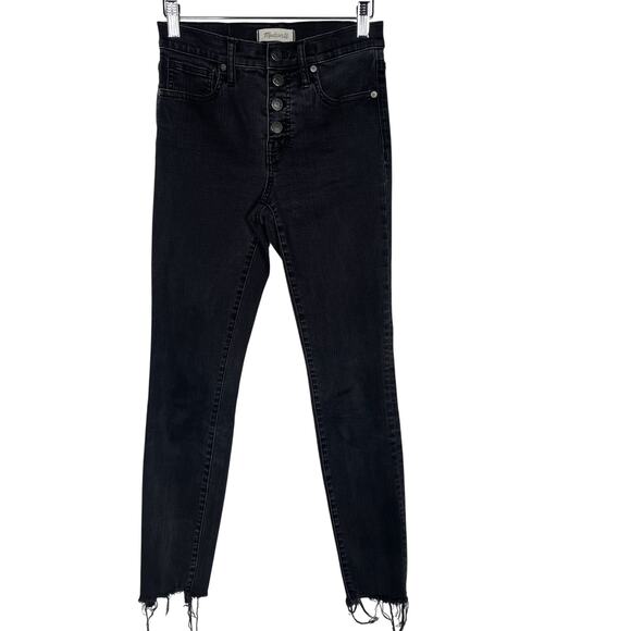 Madewell 26 9" Mid-Rise Skinny Jeans Berkeley Black Button Through Chewed Hems - Picture 1 of 14